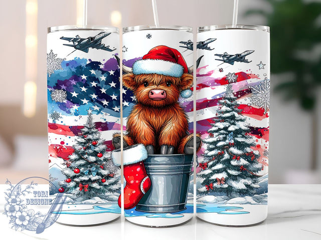 Fighter Jet, American Flag, Christmas Snow, Jets Design, Baby Highland Cow, 20oz Tumbler, Sublimation Design, Military Christmas, Holiday Decor Sublimation ToriDesigns 