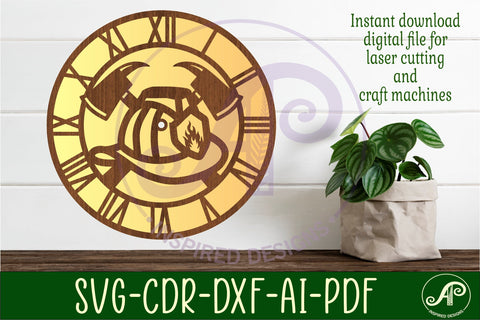 Fire helmet wall clock laser cut files, SVG file. vector SVG APInspireddesigns 