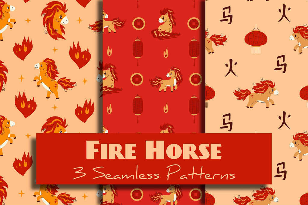 Fire Horse 2026 Chinese New Year Seamless Patterns & Digital Papers ...