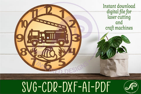 Fire truck wall clock laser cut files, SVG file. vector SVG APInspireddesigns 