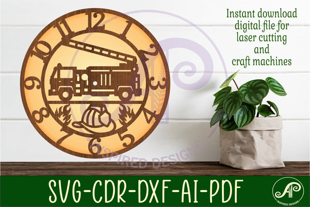 Fire truck wall clock laser cut files, SVG file. vector SVG APInspireddesigns 