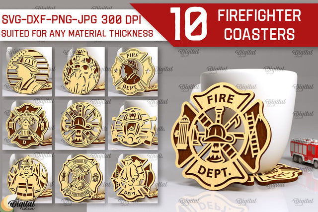 Firefighter Coasters LaserCut Bundle. Firefighter Design SVG SVG Evgenyia Guschina 