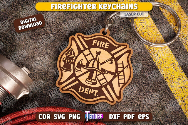 Firefighter Keychain Laser Cut | Firefighter Sign | Keyring SVG Design | Fire Station | Maltese Cross | Fireman Symbols | CNC File SVG The T Store Design 