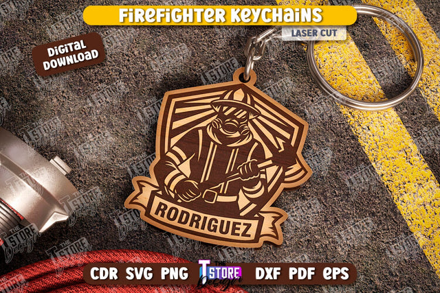 Firefighter Keychain Laser Cut | Firefighter Sign | Keyring SVG Design | Fire Station | Maltese Cross | Fireman Symbols | CNC File SVG The T Store Design 