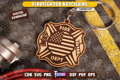Firefighter Keychain Laser Cut | Firefighter Sign | Keyring SVG Design | Fire Station | Maltese Cross | Fireman Symbols | CNC File SVG The T Store Design 