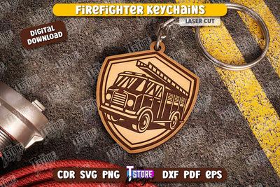 Firefighter Keychain Laser Cut | Firefighter Sign | Keyring SVG Design | Fire Station | Maltese Cross | Fireman Symbols | CNC File SVG The T Store Design 