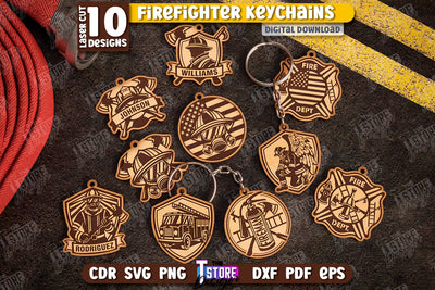Firefighter Keychains Laser Cut Bundle | Firefighter Signs | Keyring SVG Design | Fire Station | Maltese Cross | Fireman Symbols | CNC Files SVG The T Store Design 