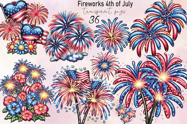 Fireworks 4th of July Watercolor Clipart Bundle. Sublimation SVGArt 
