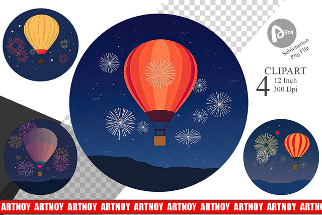 Fireworks Hot Air Balloon Clipart Sublimation artnoy 