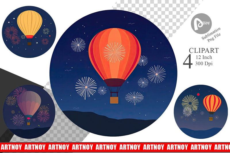 Fireworks Hot Air Balloon Clipart Sublimation artnoy 