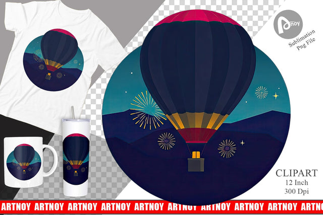 Fireworks Hot Air Balloon Clipart Sublimation artnoy 