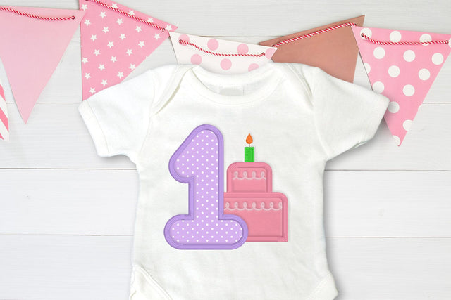 First Birthday 1 with Cake Applique Embroidery Embroidery/Applique DESIGNS Designed by Geeks 