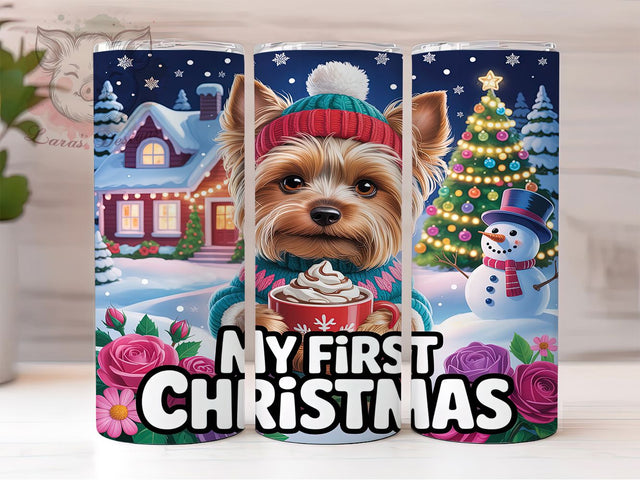 First Christmas Yorkie Tumbler, Yorkshire Terrier Holiday Wrap, Puppy Christmas Sublimation Design, Cute Yorkie Cup, 20Oz Skinny Tumbler Wrap, Festive Pet Mug, Baby’s First Christmas Dog Design Sublimation Lara' s Designs 