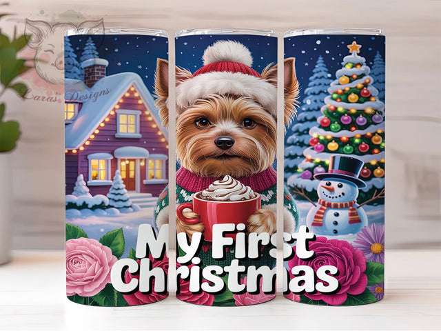First Christmas Yorkie Tumbler, Yorkshire Terrier Holiday Wrap, Puppy Christmas Sublimation Design, Cute Yorkie Cup, 20Oz Skinny Tumbler Wrap, Festive Pet Mug, Baby’s First Christmas Dog Design Sublimation Lara' s Designs 