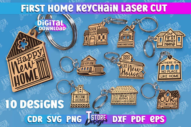 First Home Keychain Laser Cut Bundle | Happy Place | Housewarming Gift | CNC File SVG The T Store Design 