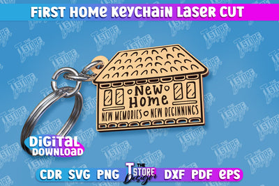 First Home Keychain Laser Cut | Happy Place | Housewarming Gift | CNC File SVG The T Store Design 