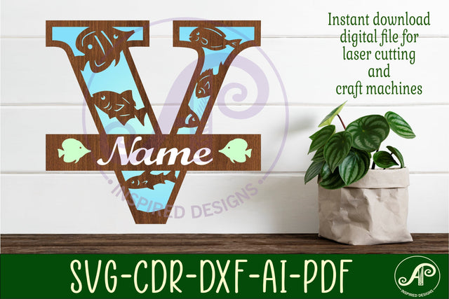 Fish Capital Monogram Letter V SVG SVG APInspireddesigns 