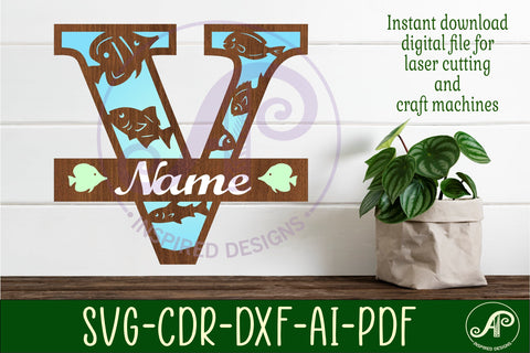 Fish Capital Monogram Letter V SVG SVG APInspireddesigns 