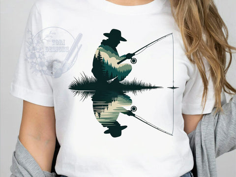 Fisherman Silhouette T-Shirt PNG, Fishing Rod, Riverbank Scene, Wide Brim Hat, Sublimation PNG, Outdoor Serenity, Angler Shirt Sublimation ToriDesigns 