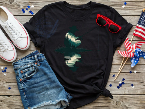 Fisherman Silhouette T-Shirt PNG, Fishing Rod, Riverbank Scene, Wide Brim Hat, Sublimation PNG, Outdoor Serenity, Angler Shirt Sublimation ToriDesigns 