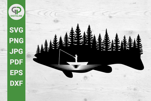Fisherman SVG, Bass SVG, Fishing SVG, Boat SVG, Pine Trees SVG, Forest SVG, Fish SVG, Woods SVG, Lake SVG, River SVG SVG GPDigitaline 