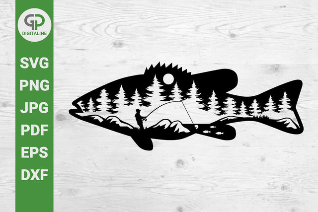 Fisherman SVG, Fishing SVG, Catching Bass SVG, Forest SVG, Woods SVG, Pine Trees SVG, Fishes SVG, Wilderness SVG SVG GPDigitaline 