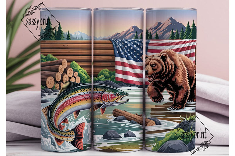 Fishing Bear Flag 20oz Tumbler Wrap Sublimation sassyprint 
