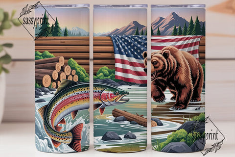 Fishing Bear Flag 20oz Tumbler Wrap Sublimation sassyprint 