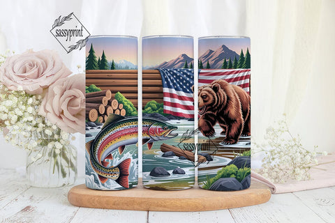 Fishing Bear Flag 20oz Tumbler Wrap Sublimation sassyprint 