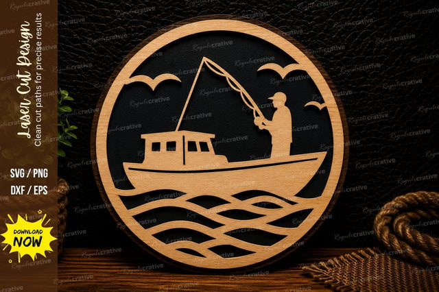 Fishing Boat Scene Laser Cut Svg Design SVG Regulrcrative 