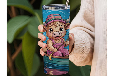 Fishing Highland Cow 20oz Tumbler Wrap Sublimation DesignSVG 
