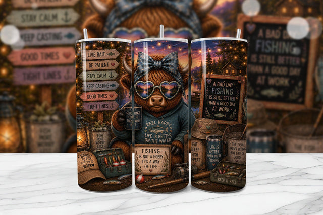 Fishing Highland Cow Tumbler Wrap PNG Sublimation BijouBay 