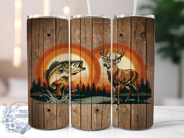 Fishing Hunting Buck Deer Rustic 20oz Tumbler, Bass Fish, Buck Deer, Detailed Antlers, Rustic Vintage, Skinny Tumbler, Sublimation PNG Sublimation ToriDesigns 