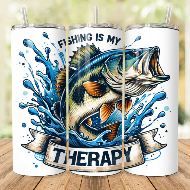 Fishing is My Therapy 20 oz Skinny Tumbler Wrap Sublimation Design Digital Download Funny Fisherman PNG Digital Design Sublimation She Shed Craft Store 