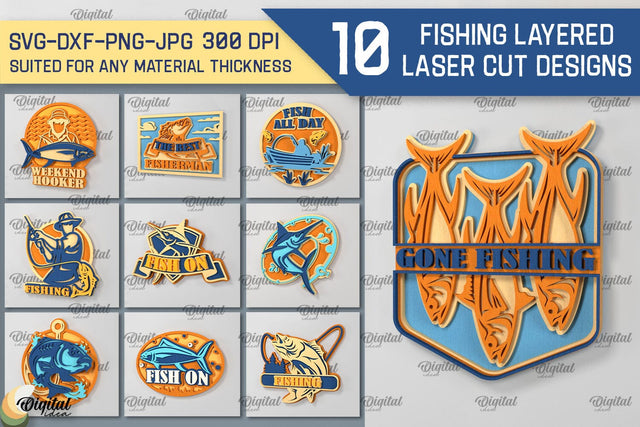 Fishing Layered Signs Laser Cut Bundle. Wood Fishing Decor SVG Evgenyia Guschina 