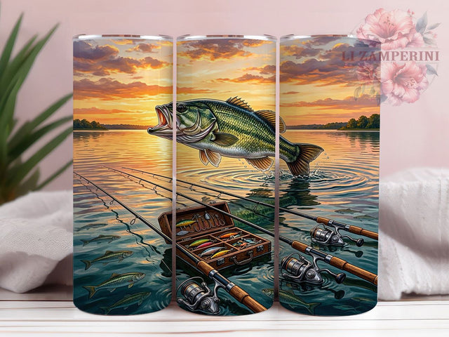 Fishing Life Bass Sunset Leap 20oz Tumbler Wrap, Large Mouth Bass, Sunset Sky, Leaping Fish, Outdoor Theme, 20oz Tumbler Wrap, Sublimation PNG Sublimation Li Zamperini 
