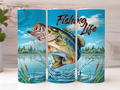 Fishing Life Canvas 20oz Tumbler, Largemouth Bass, Leaping Fish, Vivid Colors, Canvas Art, Skinny Tumbler, Sublimation PNG Sublimation Lara' s Designs 