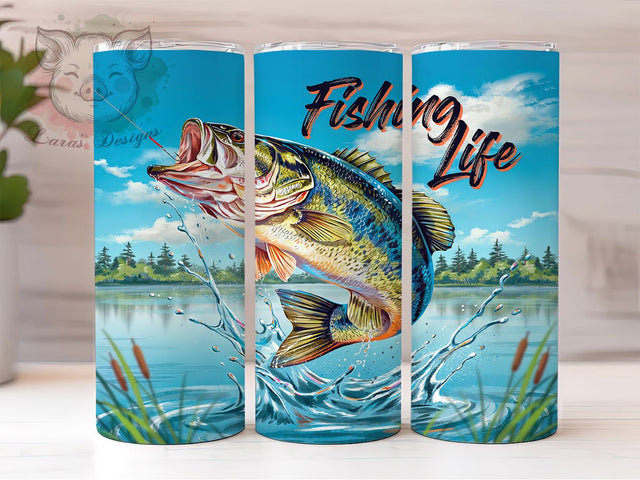Fishing Life Canvas 20oz Tumbler, Largemouth Bass, Leaping Fish, Vivid Colors, Canvas Art, Skinny Tumbler, Sublimation PNG Sublimation Lara' s Designs 