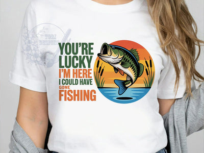 Fishing Lucky Humor T-Shirt PNG, Fishing Humor, Lucky I'm Here, Angler Life, Funny Quote, Sublimation PNG, Outdoor Shirt, Catch Vibes Sublimation ToriDesigns 