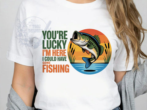 Fishing Lucky Humor T-Shirt PNG, Fishing Humor, Lucky I'm Here, Angler Life, Funny Quote, Sublimation PNG, Outdoor Shirt, Catch Vibes Sublimation ToriDesigns 