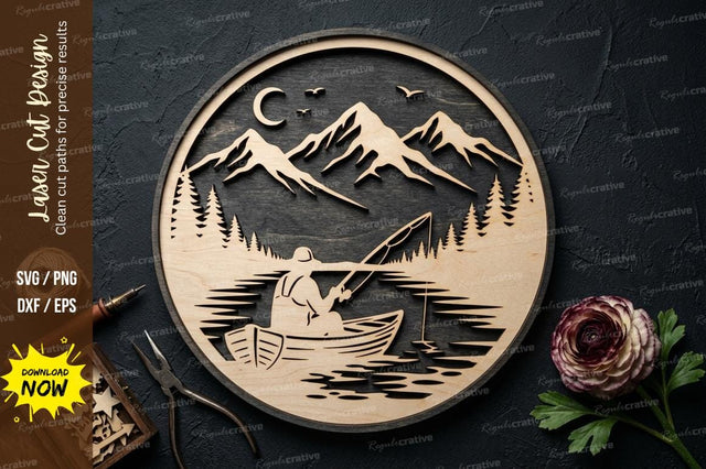 Fishing Mountain Scene laser Cut svg Cutting file, fishing mountain svg, lake fishing scene svg, laser cut fishing frame SVG Regulrcrative 
