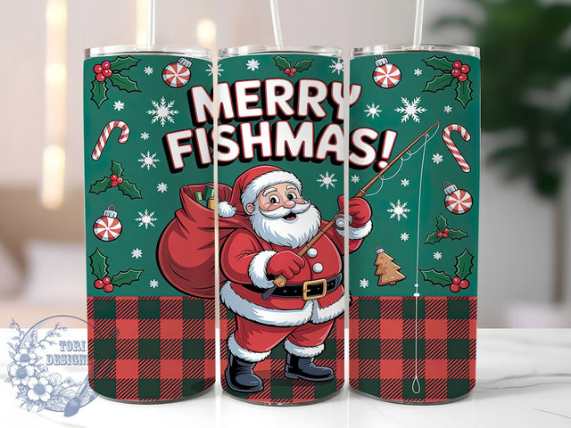 Fishing Santa Christmas Tumbler, Christmas Fisherman Wrap, 20oz Tumbler Sublimation, Seamless Holiday Fishing Design, Santa Fishing Sublimation, Men’s Christmas Tumbler, Outdoor Holiday Wrap Sublimation ToriDesigns 
