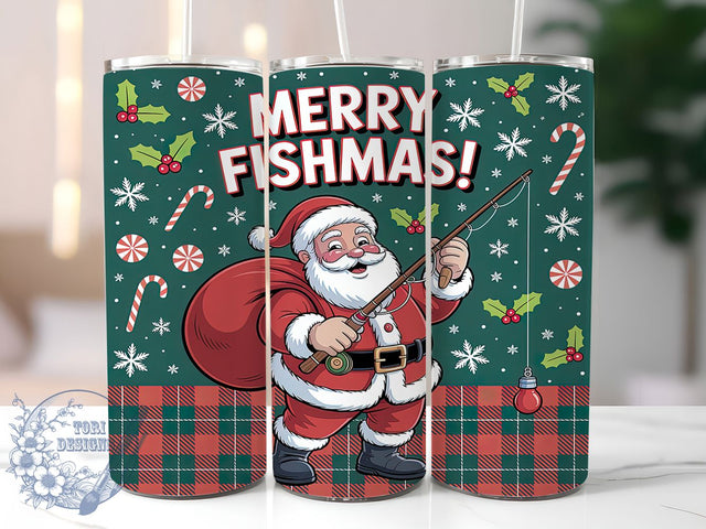 Fishing Santa Christmas Tumbler, Christmas Fisherman Wrap, 20oz Tumbler Sublimation, Seamless Holiday Fishing Design, Santa Fishing Sublimation, Men’s Christmas Tumbler, Outdoor Holiday Wrap Sublimation ToriDesigns 