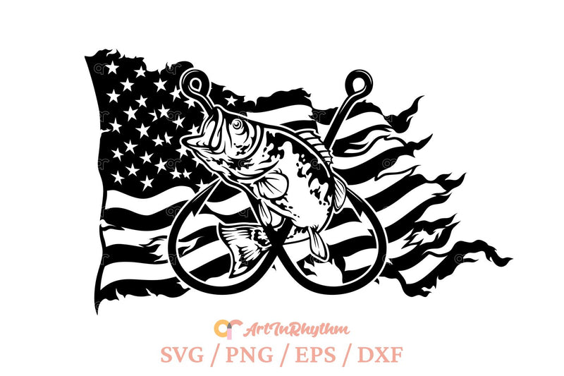Fishing Svg, Fishhooks Svg, Bass Fish Svg, USA Flag Svg, Distressed US Flag Svg SVG Artinrhythm shop 