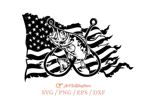 Fishing Svg, Fishhooks Svg, Bass Fish Svg, USA Flag Svg, Distressed US Flag Svg SVG Artinrhythm shop 