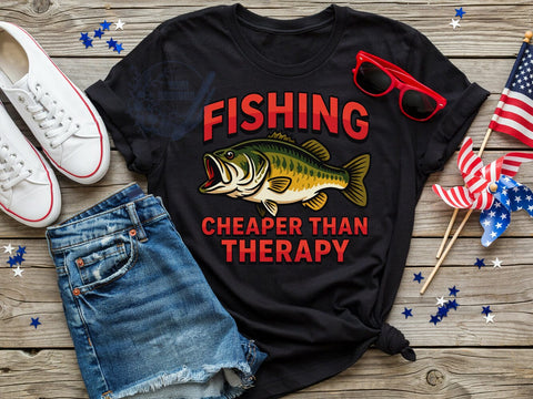 Fishing Therapy Humor T-Shirt PNG, Fishing Humor, Cheaper Than Therapy, Angler Life, Funny Quote, Sublimation PNG, Outdoor Shirt, Relaxation Vibes Sublimation ToriDesigns 