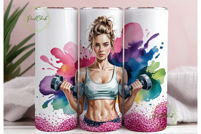 Fitness Girl Watercolor Glitter Tumbler Sublimation PixelChick 