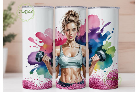 Fitness Girl Watercolor Glitter Tumbler Sublimation PixelChick 