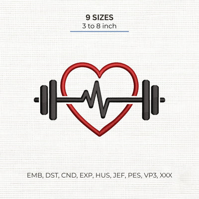 Fitness Heartbeat Embroidery Design – Heart Barbell Gym Workout Machine Embroidery File Embroidery/Applique DESIGNS PatternFeed8 