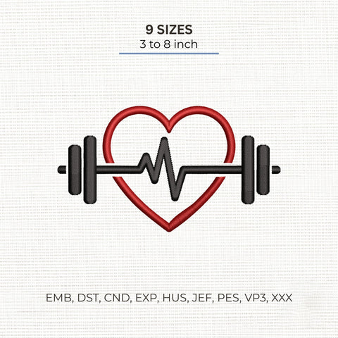 Fitness Heartbeat Embroidery Design – Heart Barbell Gym Workout Machine Embroidery File Embroidery/Applique DESIGNS PatternFeed8 